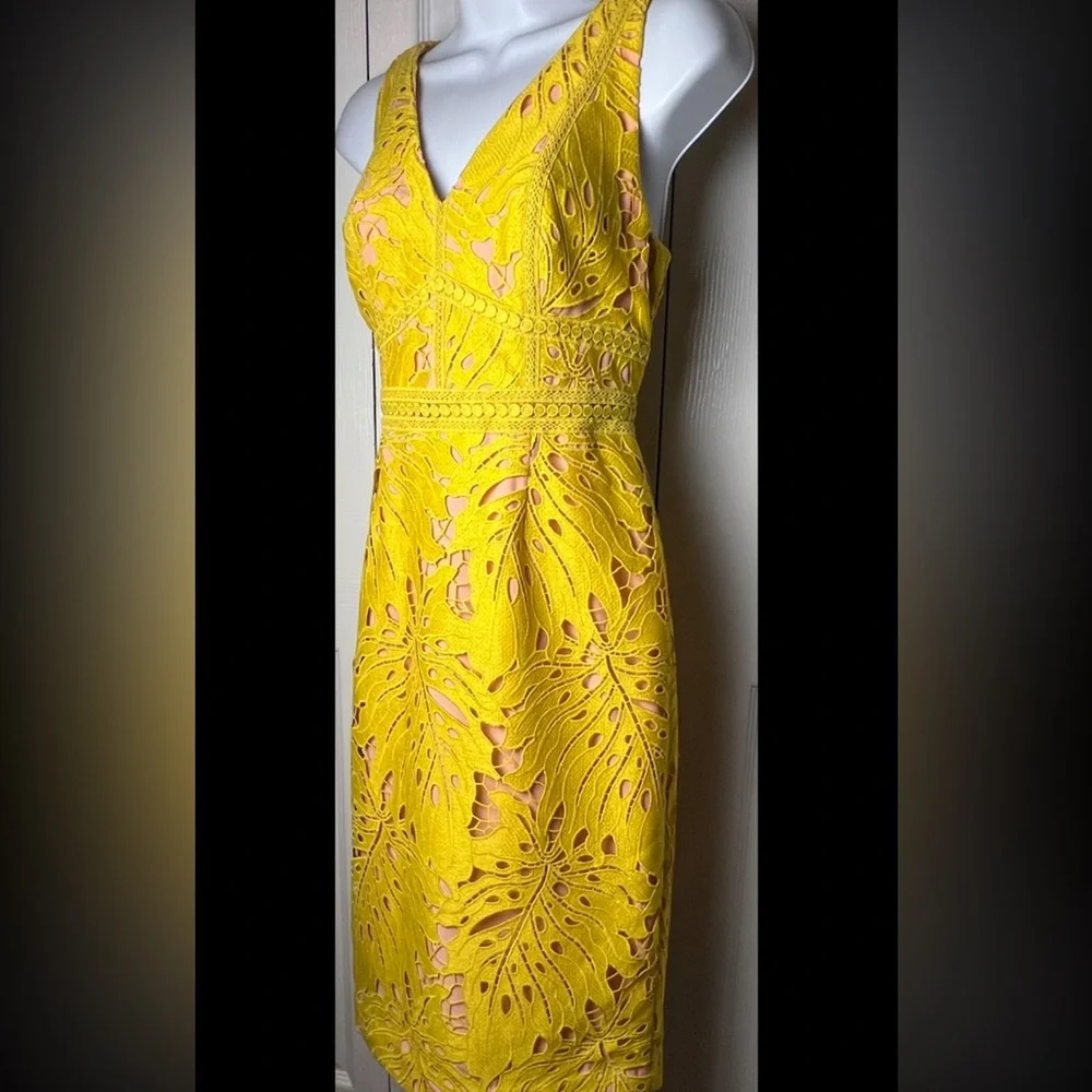 MAEVE Anthropologie Gardenia Lace Overlay Dress Sleeveless Column V Yellow 2 - Picture 6 of 12